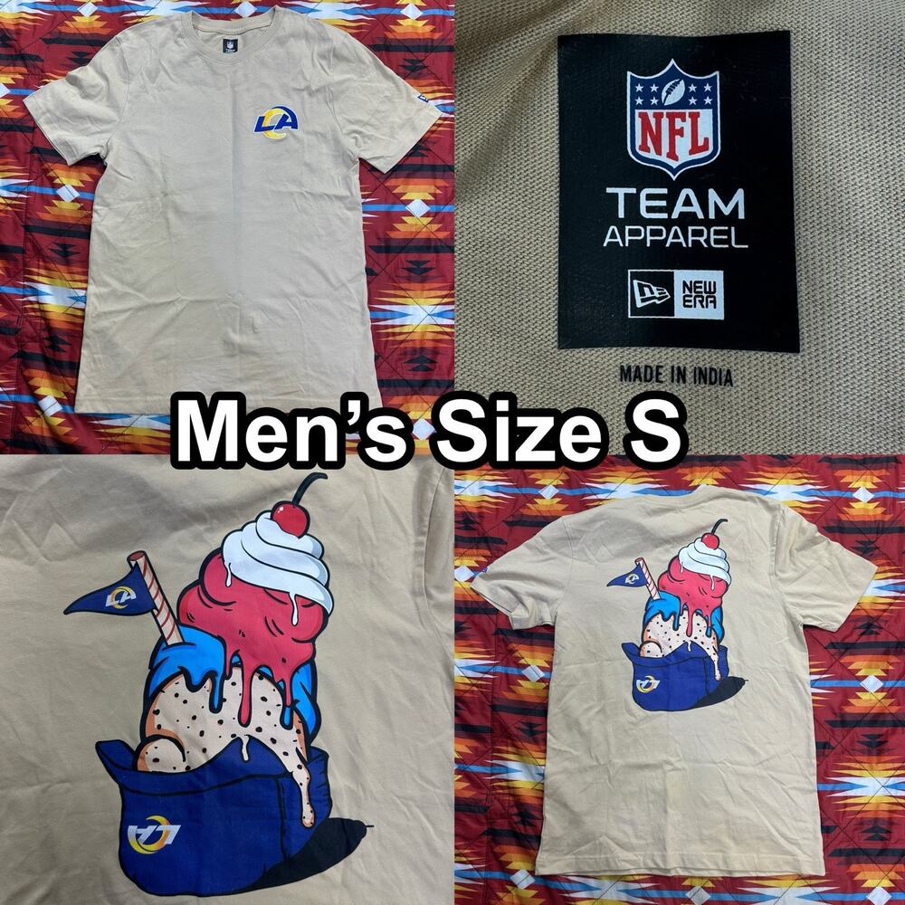New Era Los Angeles Rams NFL Ice Cream Hat Graphic Men’s Sz Small Beige T‑Shirt